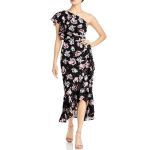 AQUA One Shoulder Dark Floral Faux Wrap Midi Dress 6